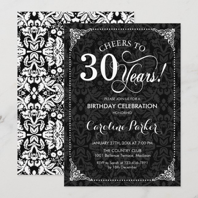 30th Birthday - Black and White Damask Invitation (Front/Back)