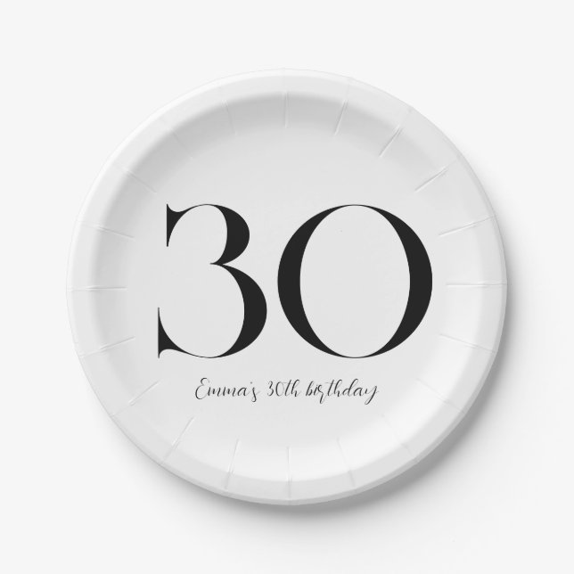 30th Birthday Black and White Paper Plates (Front)