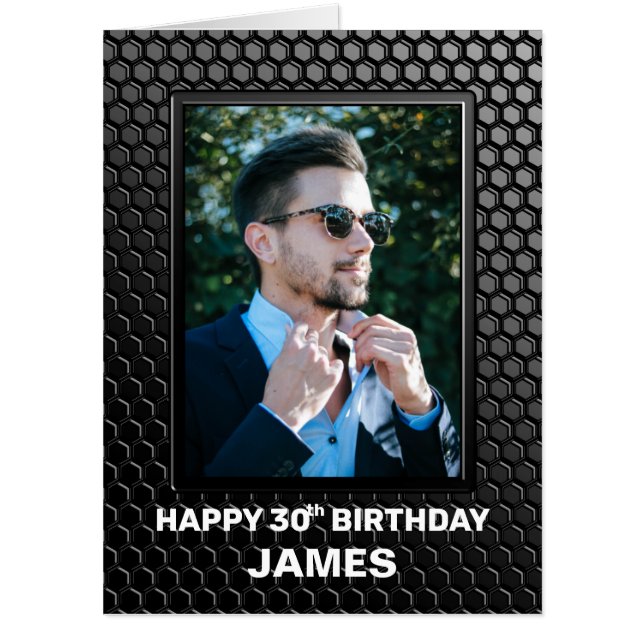 30th Birthday Black Geometric Pattern Custom Photo Card (Front)