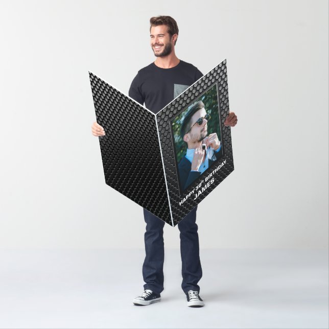 30th Birthday Black Geometric Pattern Custom Photo Card (In Situ)