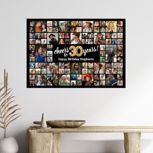 30th Birthday Black Gold 100 Photo Collage Poster