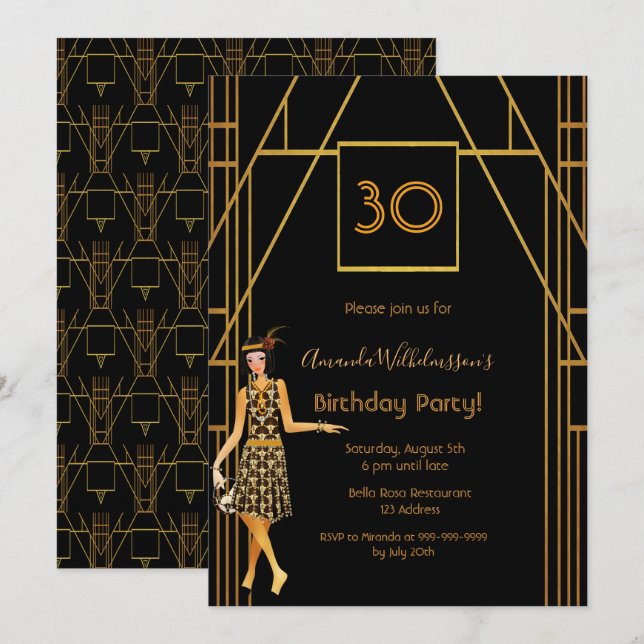 30th birthday black gold 1920's art deco invitation (Front/Back)