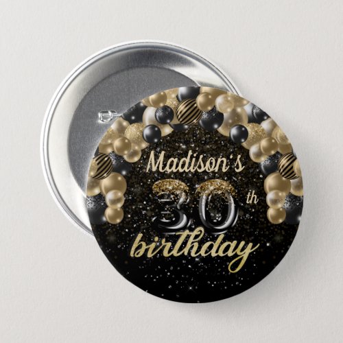 30th Birthday Black Gold Balloon Glitter Button
