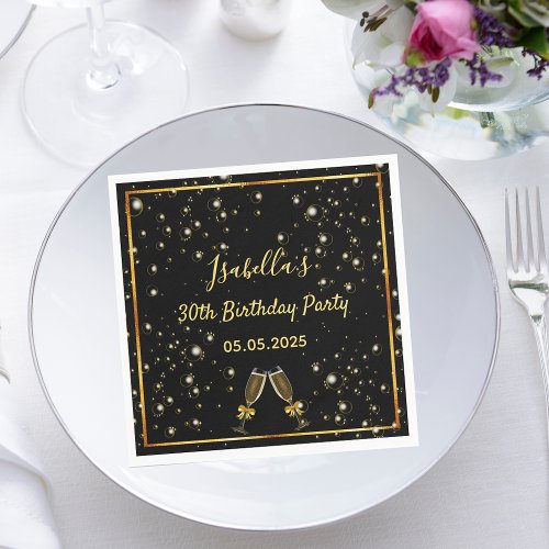 30th birthday black gold bubbles name napkins