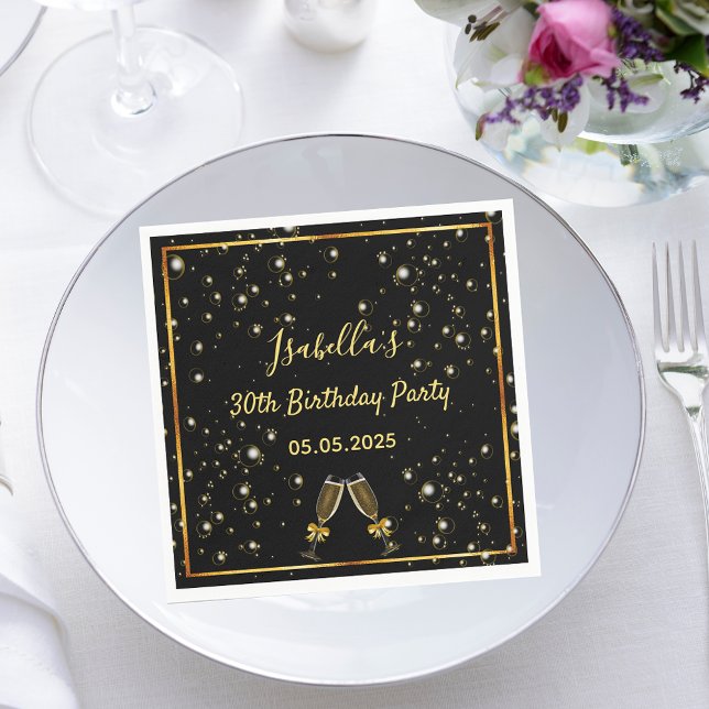 30th birthday black gold bubbles name napkins (Creator Uploaded)