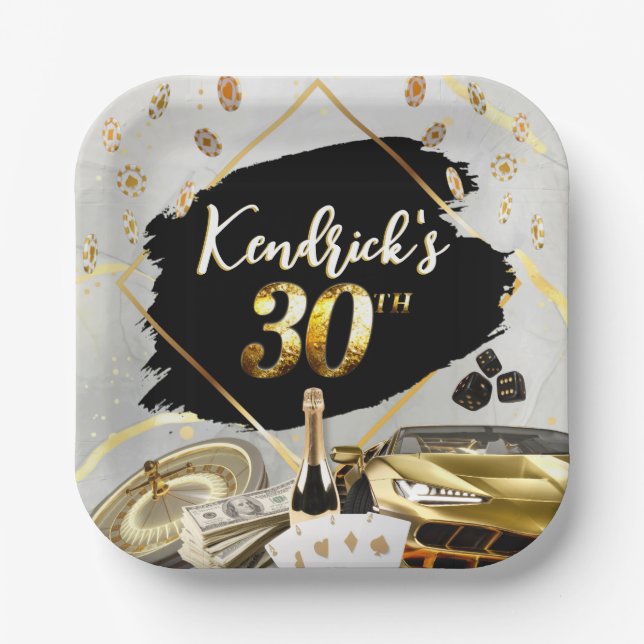30th Birthday Black & Gold Casino, Luxury Car Napk Paper Plates (Front)