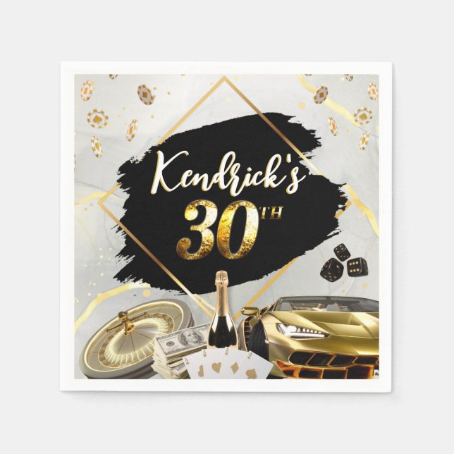 30th Birthday Black & Gold Casino, Luxury Car Napkins (Front)