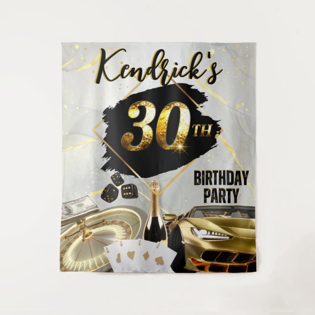 30th Birthday Black & Gold Casino, Luxury Car Tapestry (Front)