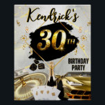 30th Birthday Black & Gold Casino, Luxury Men's Poster<br><div class="desc">30th Birthday Black & Gold Casino Theme with Luxury Sports Car,  Gold Champagne Bottle,  Money Stacks,  Gold Roulette Wheel,  White and Gold Casino Chips and Black and Gold Dice. Great for Men's Casino 30th Birthday Party. Add you own name. ©2022 Miss Sassy Party Designs</div>