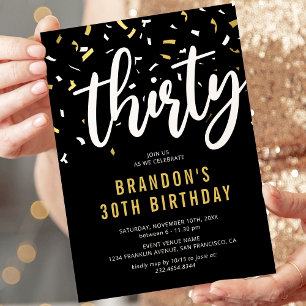 30th Birthday Black Gold Confetti Invitation