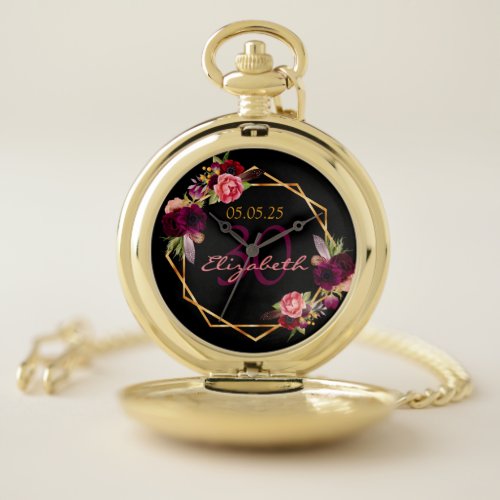 30th birthday black gold florals geometric pocket watch