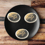 30th birthday black gold glitter drios name sugar cookie<br><div class="desc">Elegant, classic, glamorous and girly for a 30th birthday party. A classic black background. Decorated with faux gold glitter drips, paint dripping look. Personalize and add a name. With the text: Happy Birthday plus the birthday girls name. The text is written with a trendy golden colored hand lettered style script....</div>