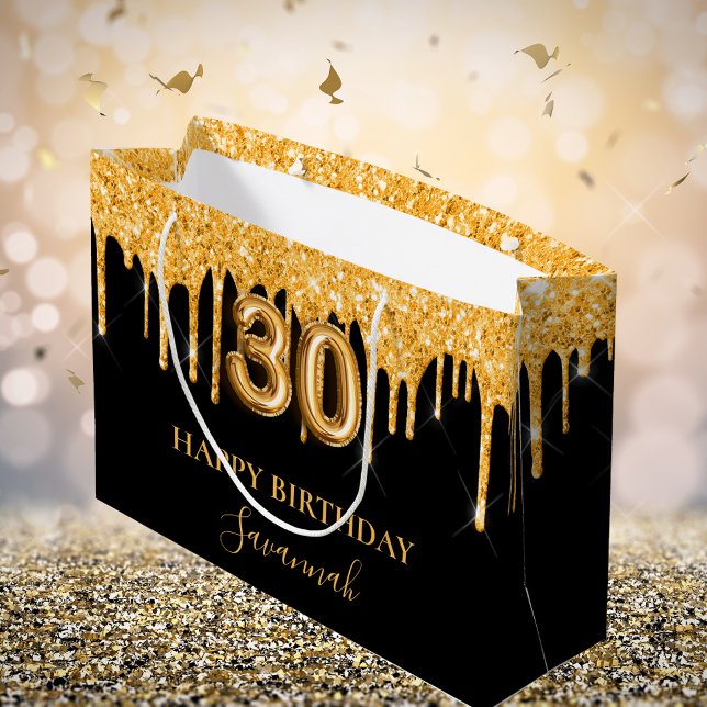 30th birthday black gold glitter drips name large gift bag (Creator Uploaded)