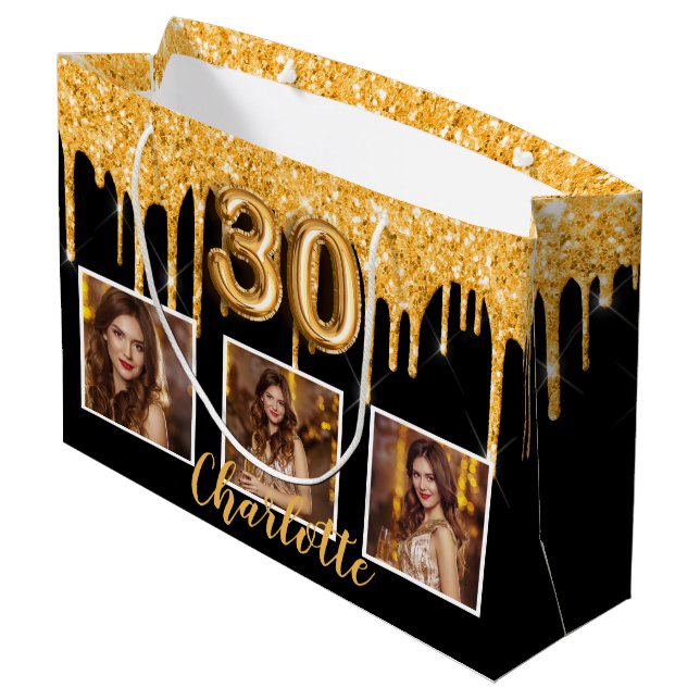 30th birthday black gold glitter drips photo large gift bag (Back Angled)