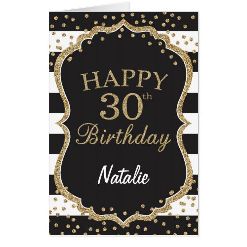 30th Birthday Black Gold Glitter Extra Large Jumbo Card