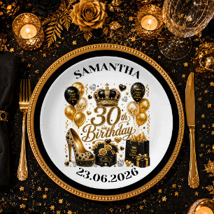 30th Birthday Black Gold Glitter Luxe Party Plates