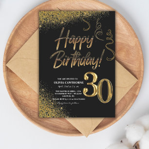 30th Birthday Black & Gold Glitter Modern Invitation