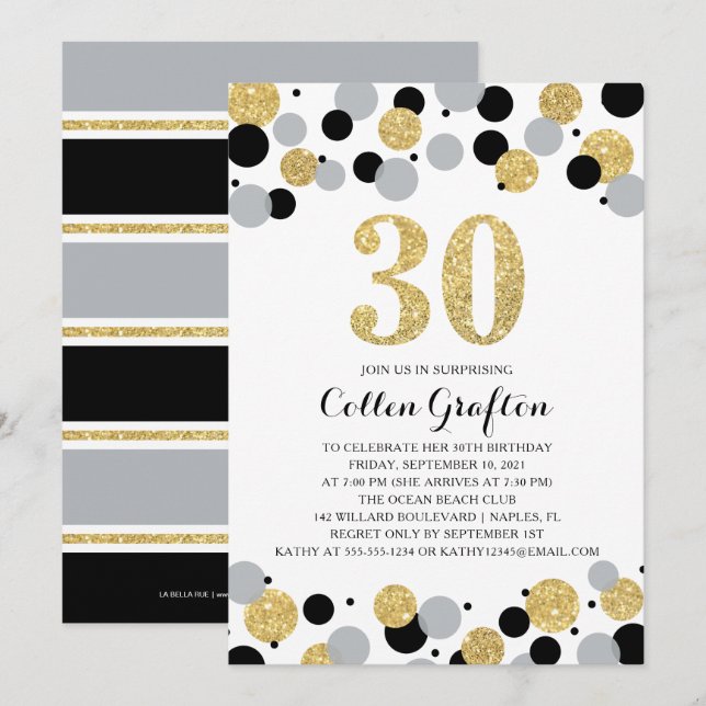 30th Birthday Black Gold Gray Glitter Confetti Invitation (Front/Back)