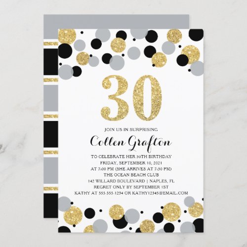 30th Birthday Black Gold Gray Glitter Confetti Invitation