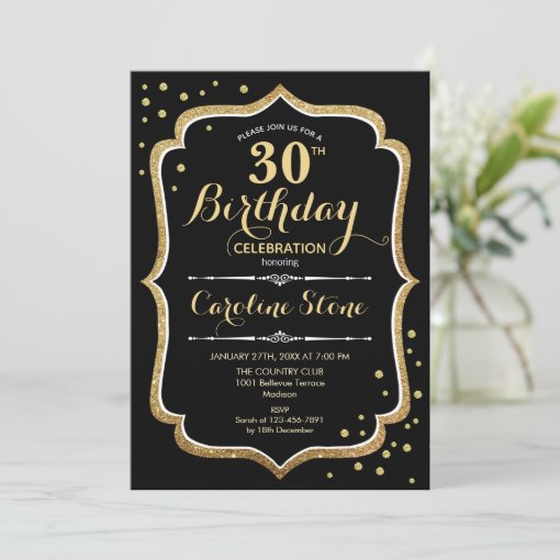 30th Birthday - Black Gold Invitation | Zazzle