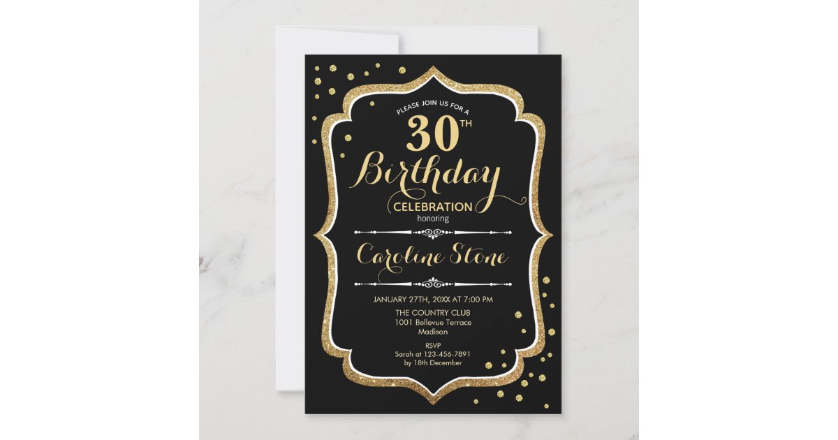 30th Birthday - Black Gold Invitation | Zazzle