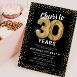 30th Birthday Black Gold Invitation<br><div class="desc">Elegant thirtieth birthday party invitation featuring a stylish black background that can be changed to any color,  gold sparkly glitter,  thirty gold hellium balloons,  and a modern 30th birthday celebration text template that is easy to personalize.</div>