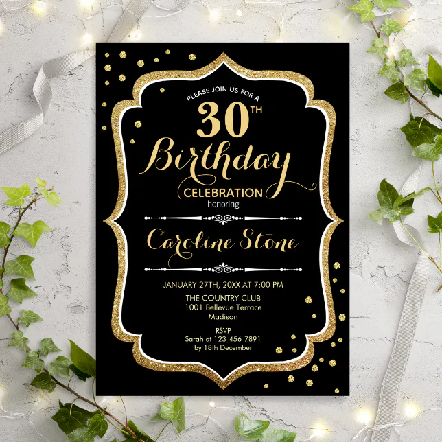 30th Birthday - Black Gold Invitation | Zazzle