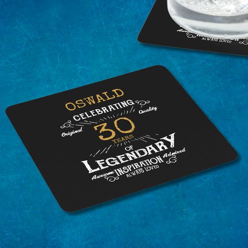 30th Birthday Black Gold  Legendary Retro Square Paper Coaster
