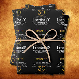 30th Birthday Black Gold  Legendary Retro Wrapping Paper Sheets