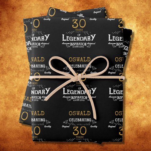 30th Birthday Black Gold  Legendary Retro Wrapping Paper Sheets