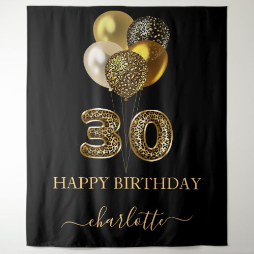 30th birthday black gold leopard name script tapestry