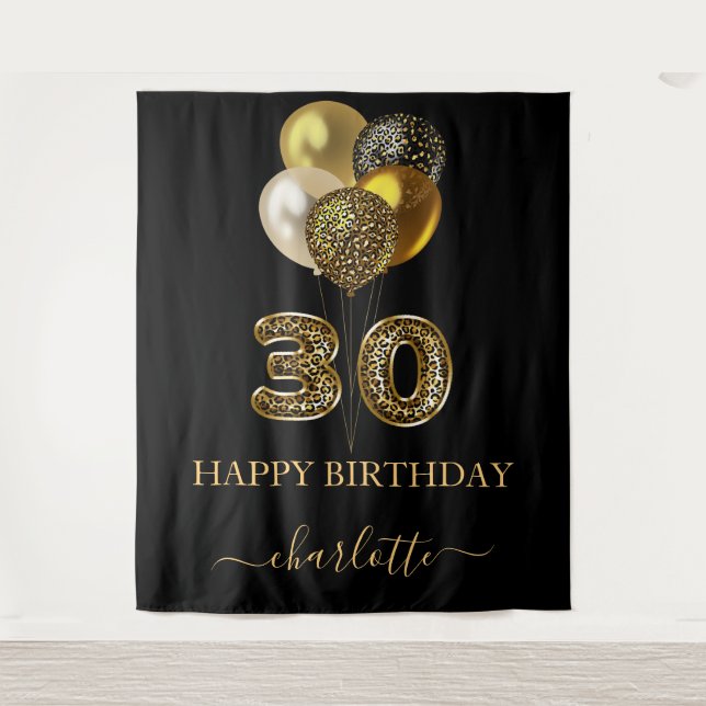 30th birthday black gold leopard name script tapestry (Front)