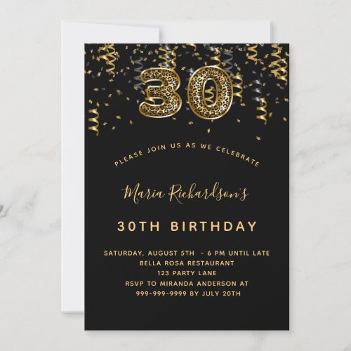 30th birthday black gold leopard pattern confetti invitation