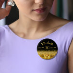 30th birthday black gold monogram elegant pinback button<br><div class="desc">Elegant,  classic,  glamorous and feminine.  A gold colored bow and ribbon with golden glitter and sparkle,  a bit of bling and luxury for a birthday.  Black background. Templates for her name,  age,  date of birth and anniversary date.</div>