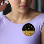 30th birthday black gold monogram elegant pinback button<br><div class="desc">Elegant,  classic,  glamorous and feminine.  A gold colored bow and ribbon.  Black background. Templates for her name,  age,  date of birth and anniversary date.</div>