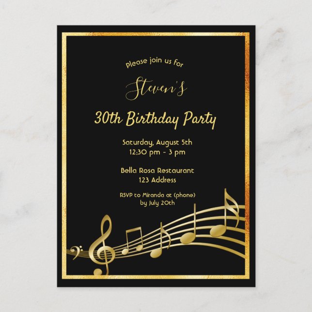 30th birthday black gold music notes invitation (Front)