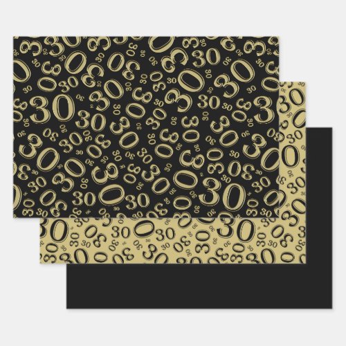 30th Birthday Black  Gold Number Pattern 30 Wrapping Paper Sheets