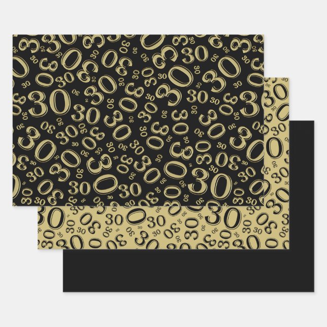 30th Birthday Black & Gold Number Pattern 30 Wrapping Paper Sheets (Set)