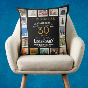 30th Birthday Black Gold Photo Collage Throw Pillow