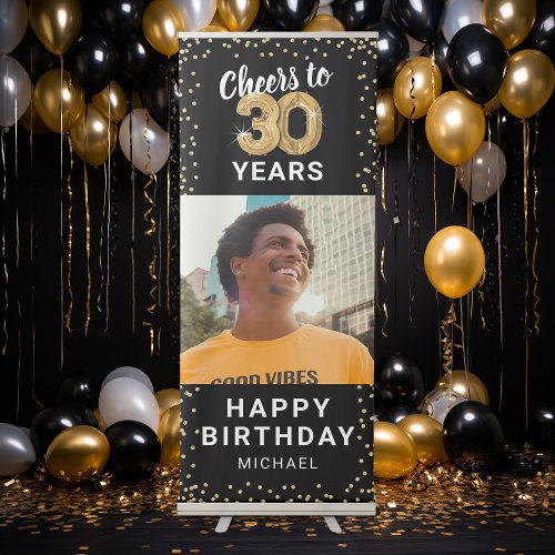 30th Birthday Black Gold Photo Retractable Banner