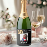 30th Birthday black gold photo Sparkling Wine Label<br><div class="desc">A classic black background decorated. Personalize and add a date,  name and a photo.  Age number written with a balloon style font.</div>