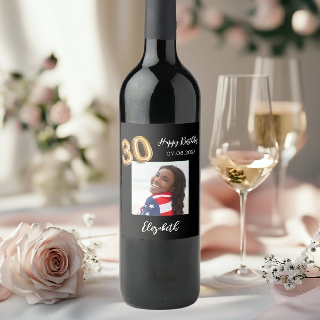 30th Birthday black gold photo Wine Label (Creator Uploaded)