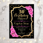 30th Birthday - Black Gold Pink Invitation<br><div class="desc">Rustic 30th Birthday Invitation. Elegant design in black gold and pink. Features stylish script font,  pink roses,  faux glitter gold and confetti. Perfect for a glam birthday party. Customize with your own details.</div>