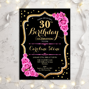 30th Birthday - Black Gold Pink Invitation