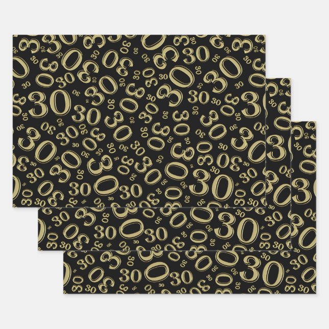 30th Birthday Black & Gold Random Number Pattern Wrapping Paper Sheets (Set)