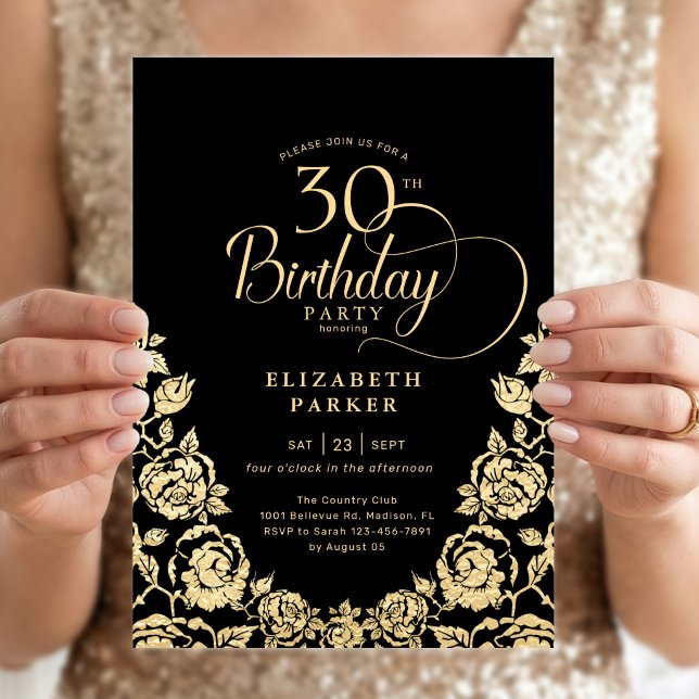 30th Birthday Black Gold Roses Invitation (Creator Uploaded)