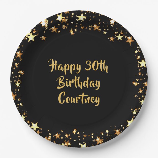 30th Birthday Black Gold Stars Name Paper Plates (Front)