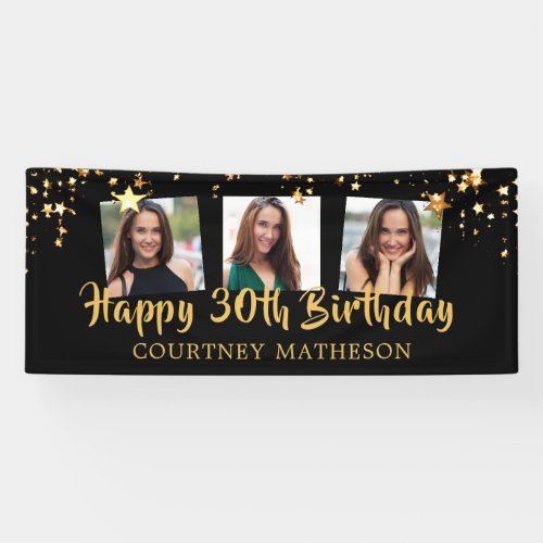 30th Birthday Black Gold Stars Photo Personalized Banner
