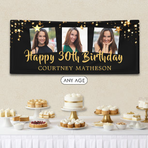 30th Birthday Black Gold Stars Photo Personalized Banner