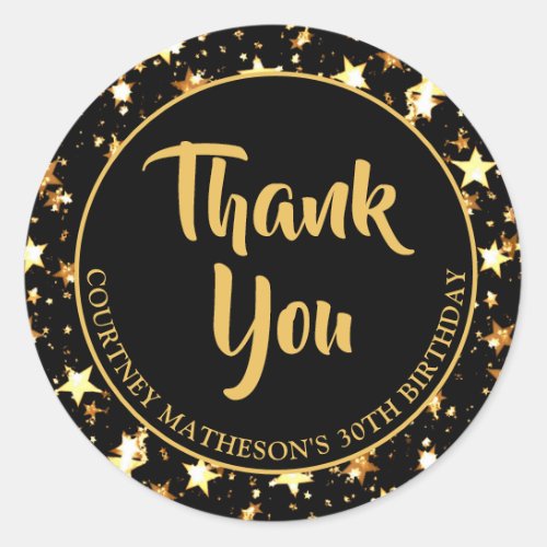 30th Birthday Black Gold Stars THANK YOU Classic R Classic Round Sticker